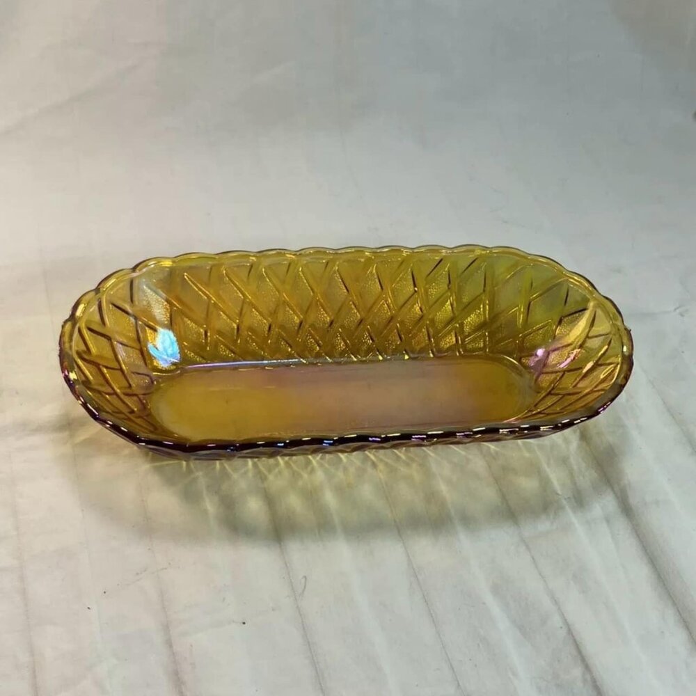 VTG MARIGOLD CARNIVAL GLASS LONG OVAL DISH IRIDESCENT GOLD AMBER Read Descriptio